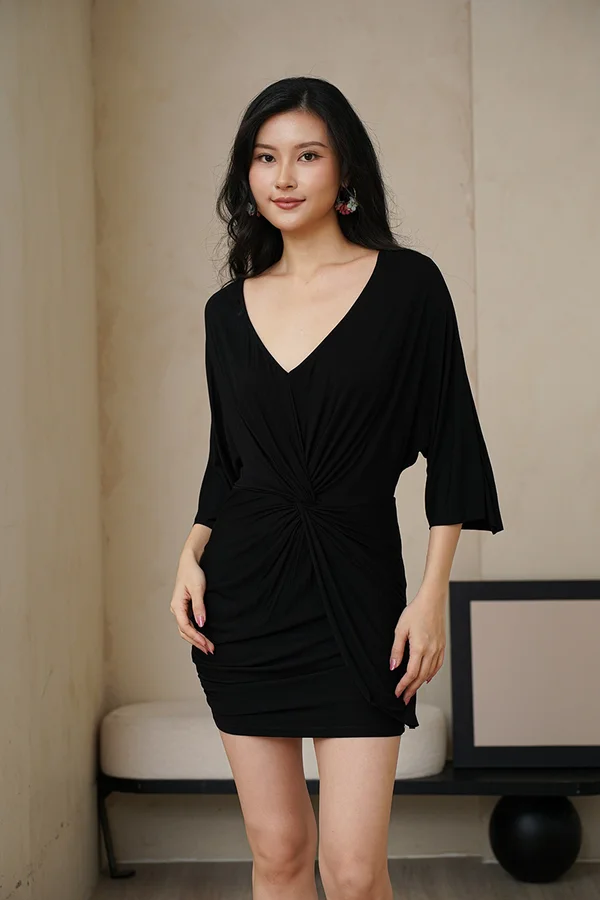 Twists and Drapes Kimono Knot Dress Black