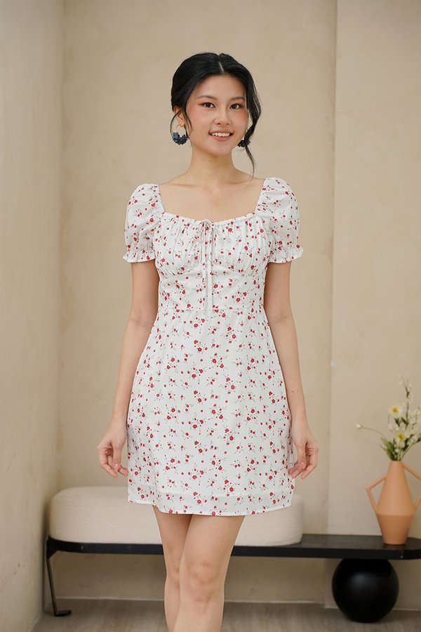 Poppy Go Lucky Shirred Tie Bust Dress Red