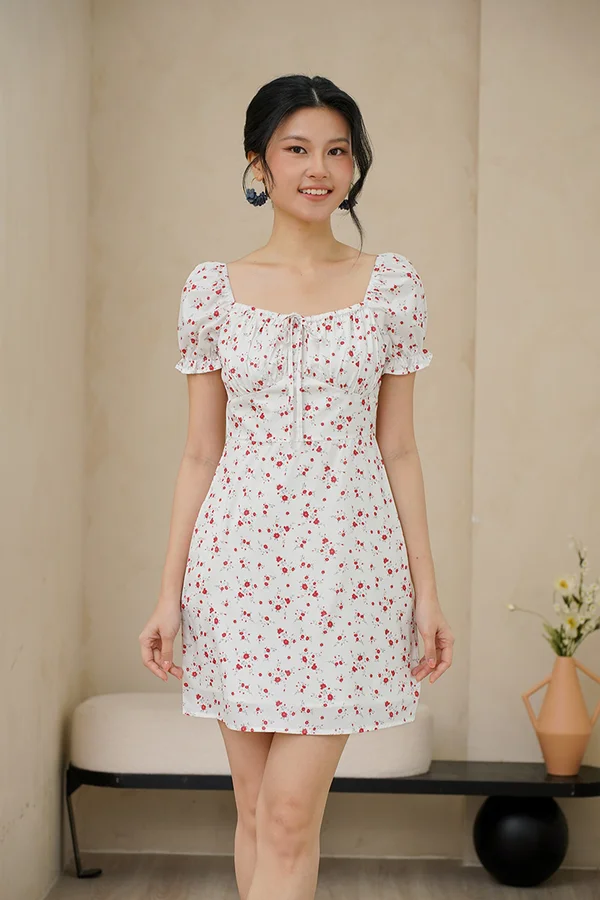Poppy Go Lucky Shirred Tie Bust Dress Red