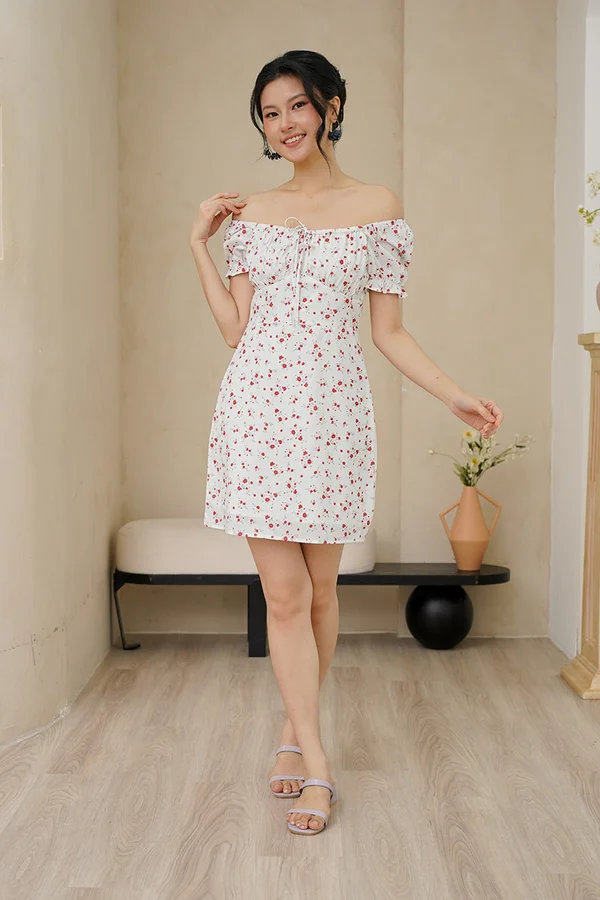 Poppy Go Lucky Shirred Tie Bust Dress Red
