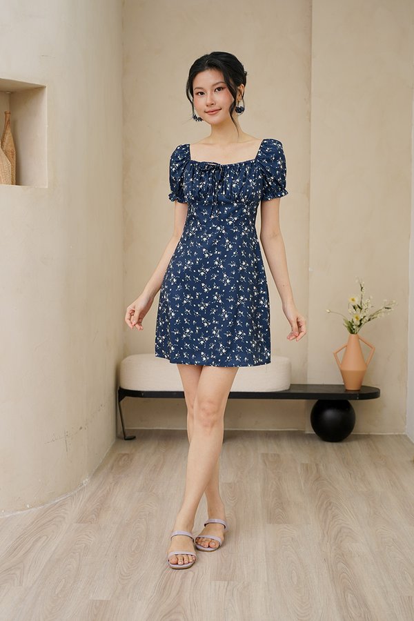Poppy Go Lucky Shirred Tie Bust Dress Navy Blue