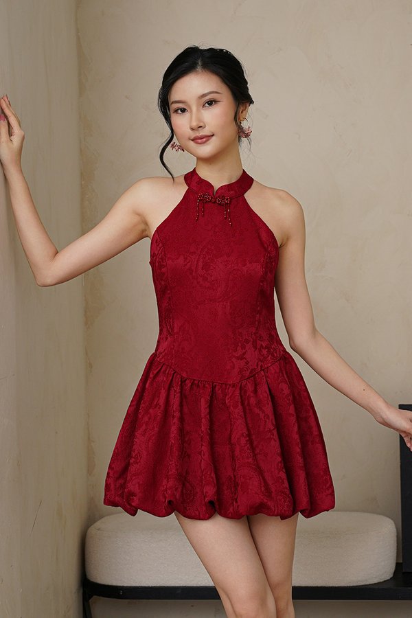 Bubbled Bountiful Joy Halter Qipao Dress Burgundy Red