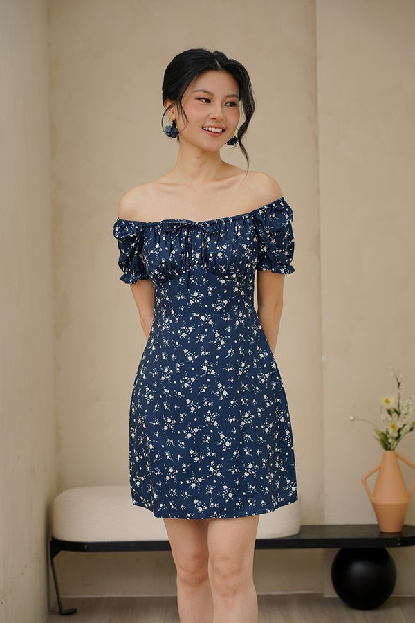 Poppy Go Lucky Shirred Tie Bust Dress Navy Blue