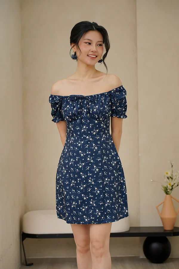 Poppy Go Lucky Shirred Tie Bust Dress Navy Blue