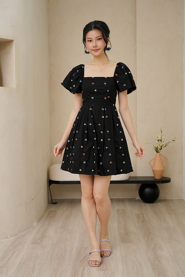Cherry Crush Motifs Pleated Broderie Dress Black