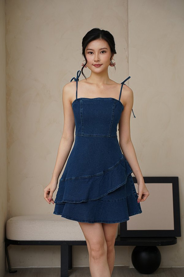Fortunes Roll Ruffle Denim Frock Darkwash