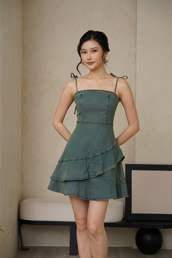 Fortunes Roll Ruffle Denim Frock Midwash