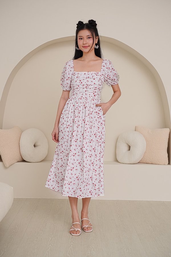 Poppy Prosperity Pleat Bust Midi Dress Red