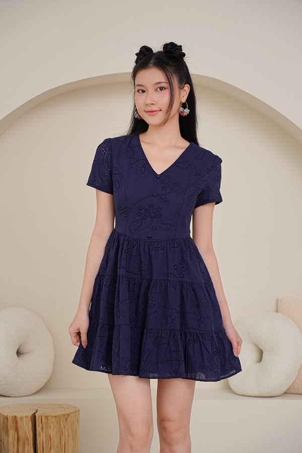Broderie Mirage Eyelet Tier Dress Navy Blue