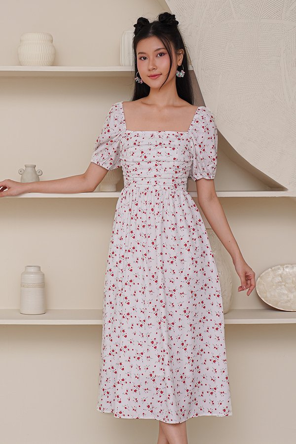 Poppy Prosperity Pleat Bust Midi Dress Red