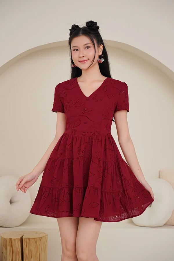 Broderie Mirage Eyelet Tier Dress Burgundy Red