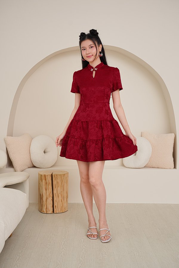Flourishing Frontiers Cheongsam Dress Burgundy Red