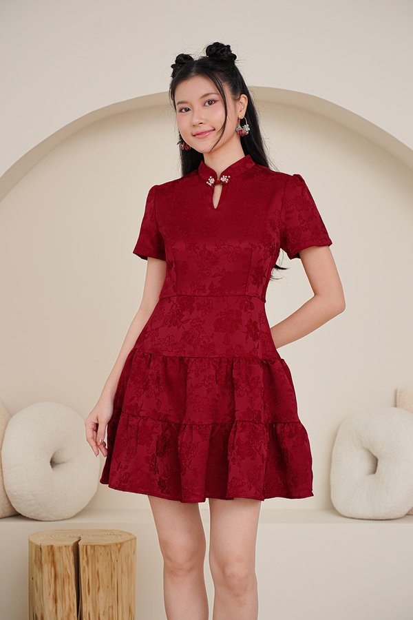 Flourishing Frontiers Cheongsam Dress Burgundy Red