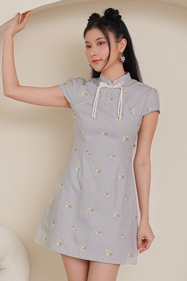 Heirloom Embroider Florals Qipao Dress Blue Grey