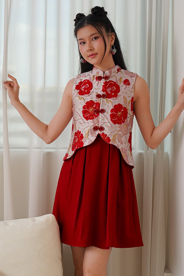 Full Grandeur of Spring Pleated Oriental Dress Red