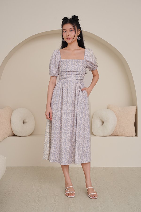 Poppy Prosperity Pleat Bust Midi Dress Blue