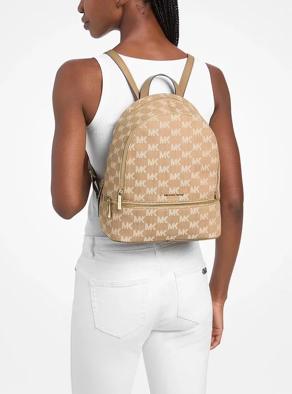 Michael Kors Medium Logo Jacquard Denim Backpack Camel