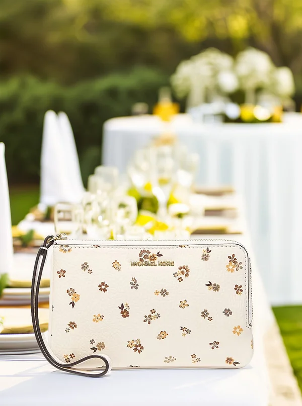 Michael Kors Small Floral Printed Wristlet Light Cream