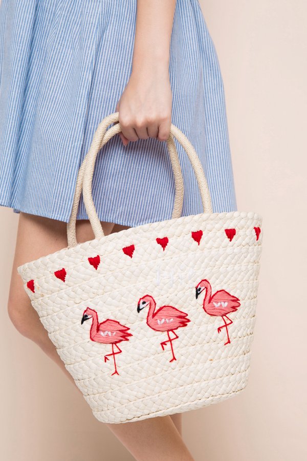 Flamingo Drawstring Straw Bag