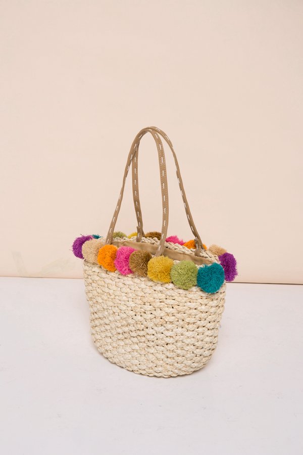 Colourful Pompoms Straw Bag