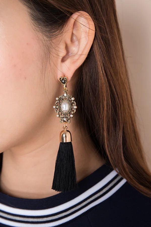 Bejewelled Spectacle Tassel Drop Earrings Black