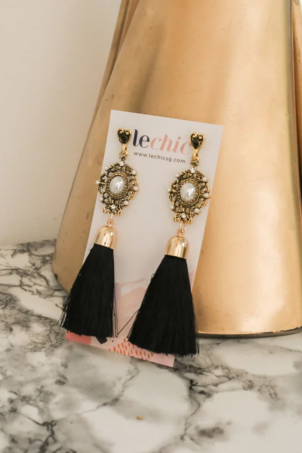 Bejewelled Spectacle Tassel Drop Earrings Black