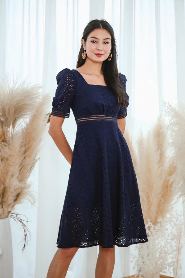 Moment of Merriment Eyelet Midi Dress Navy Blue