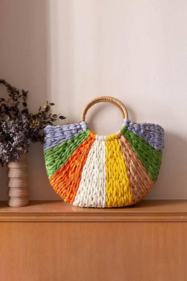 Colour Filled Rainbows Drawstring Rattan Bag Tropical