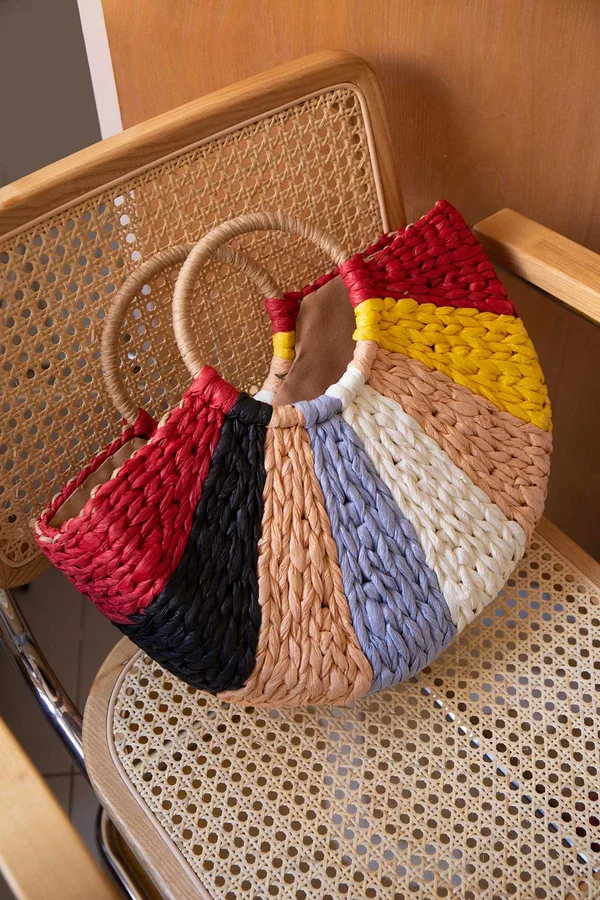 Colour Filled Rainbows Drawstring Rattan Bag Bubblegum