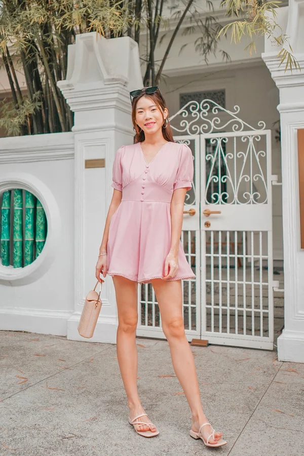 Ebb and Flow Buttons Trim Romper Pink