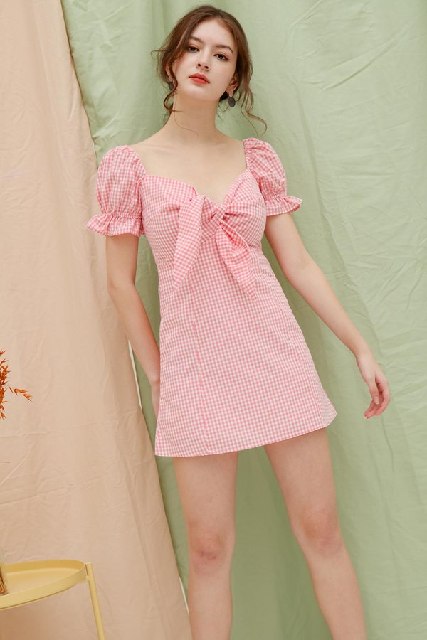 A Gingham Sweetheart Tie Bust Dress Pink
