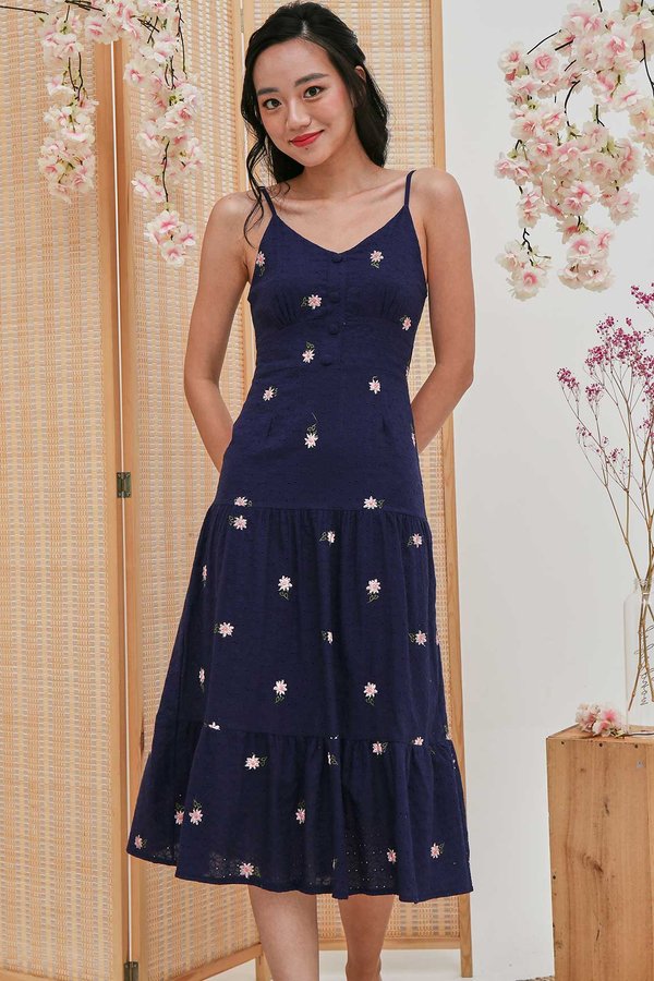 Enamouring Florals Embroidery Midi Dress Navy Blue