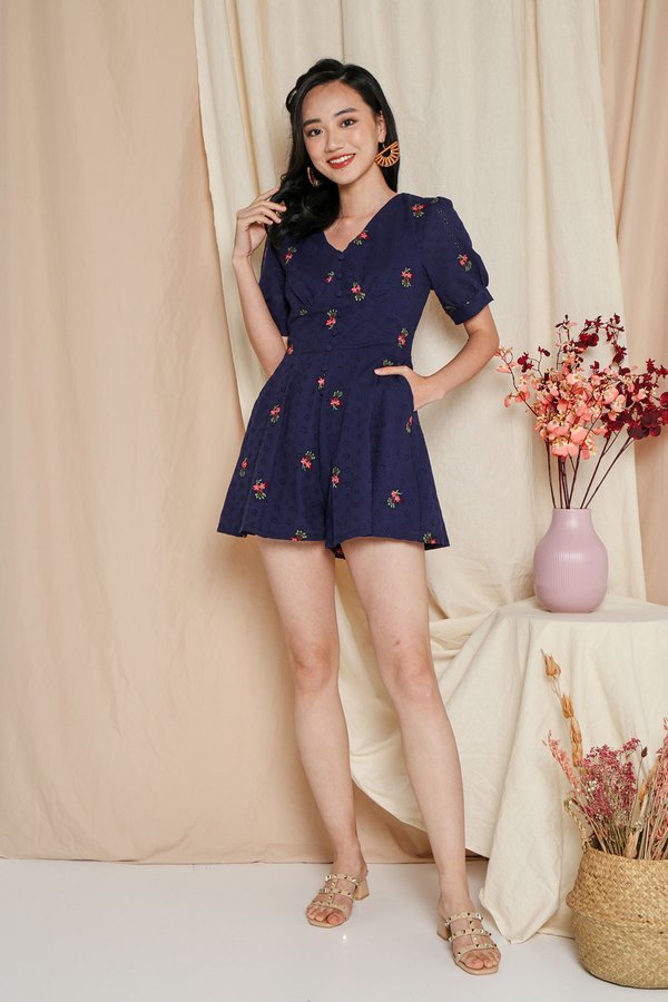 Eyelets Happy Place Button Romper Navy Blue