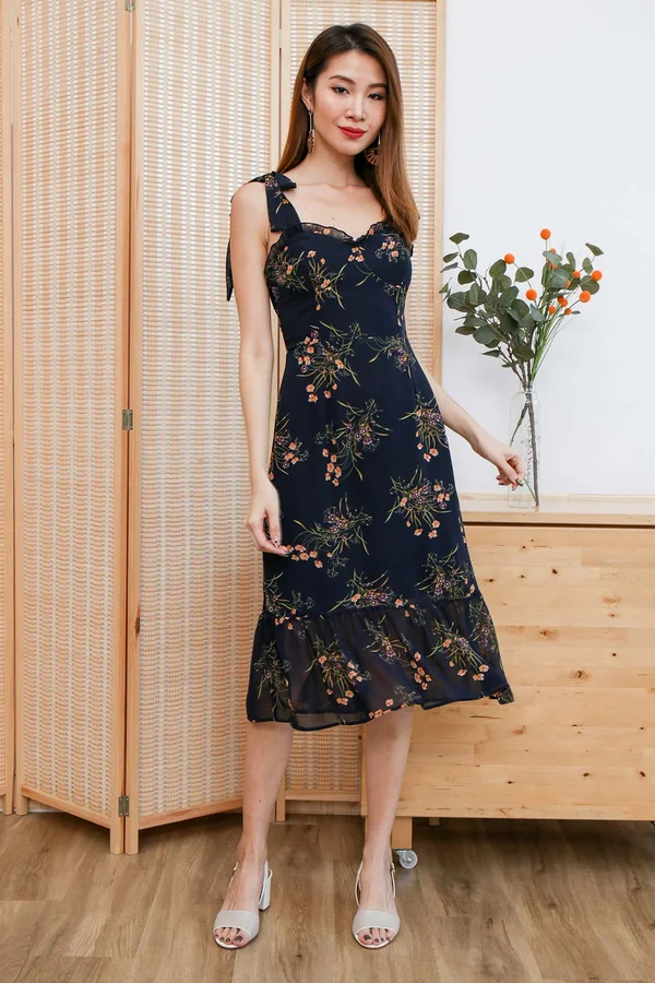 Blooming Bustier Dropwaist Midi Dress Midnight Blue