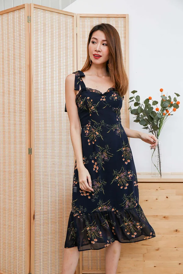 Blooming Bustier Dropwaist Midi Dress Midnight Blue