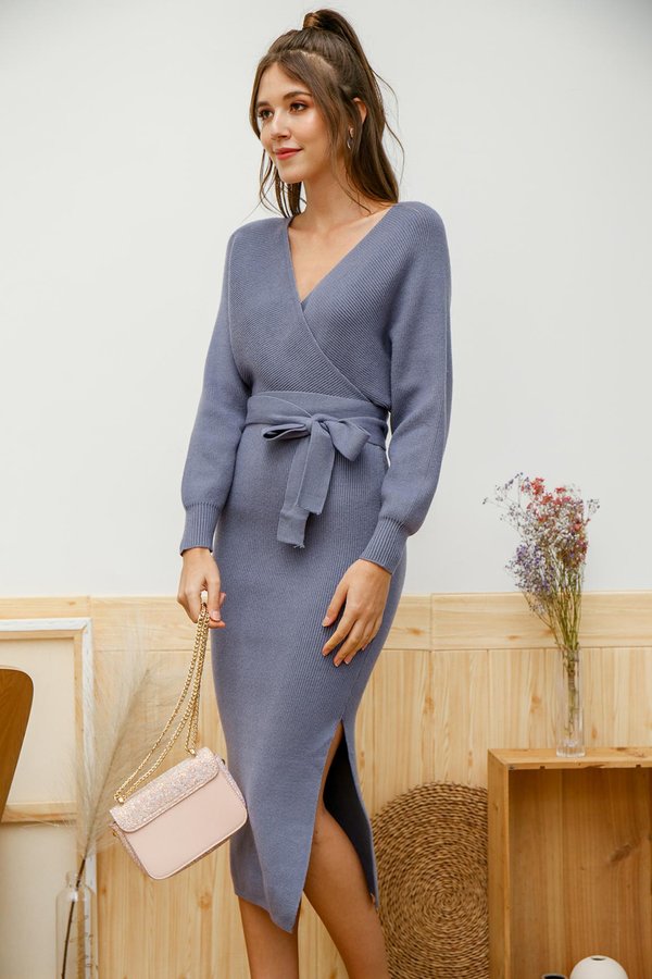Luxe Wrapped Holiday Knit Midi Dress Blue Grey