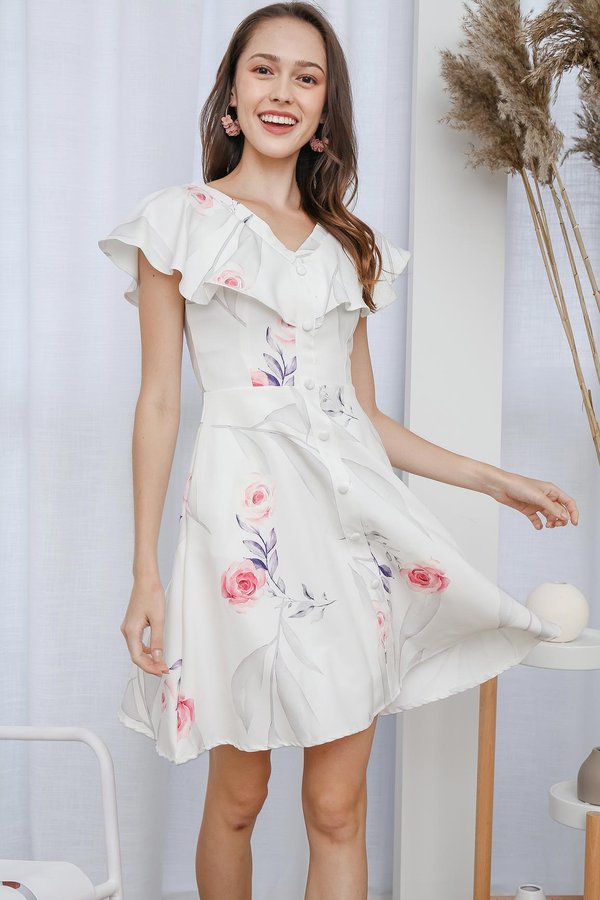 Flurry of Florals Button Pocket Dress White