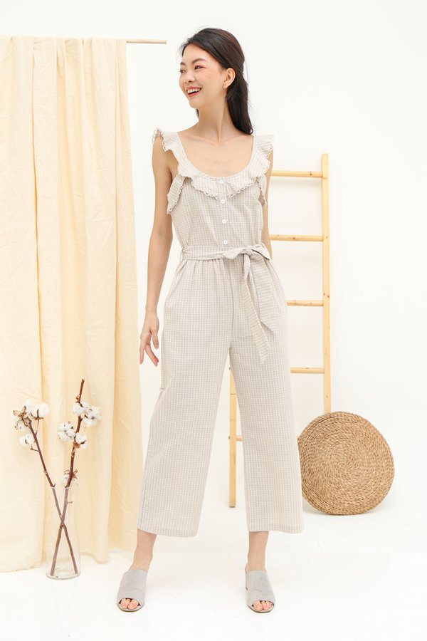 Circularly Checked Lace Trim Flutter Jumpsuit 