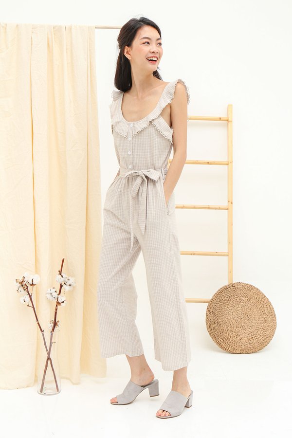 Circularly Checked Lace Trim Flutter Jumpsuit 