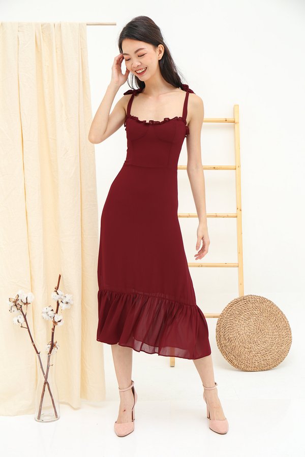 Ladylike Bustier Dropwaist Maxi Dress Burgundy Red