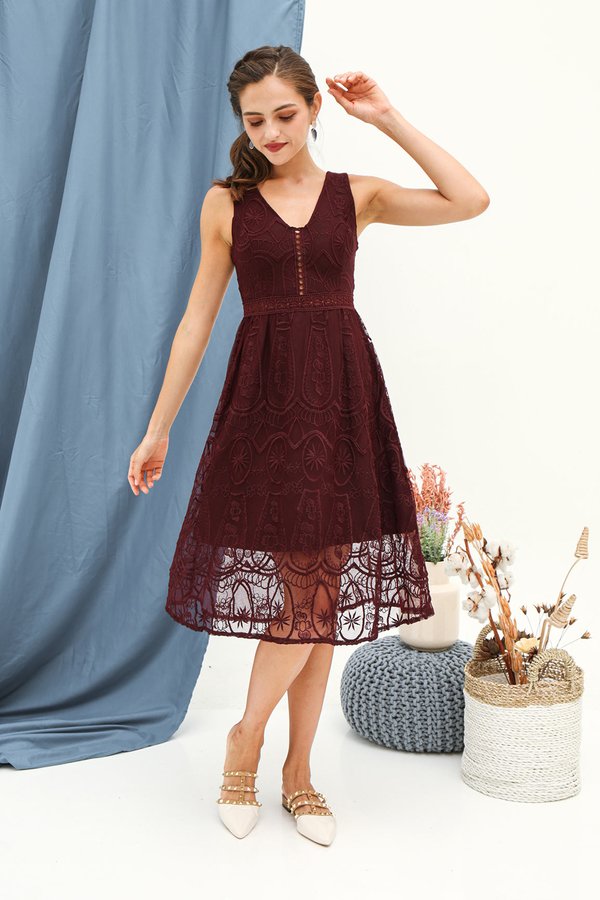 Luxe Labyrinth Lace Cocktail Dress Burgundy Red