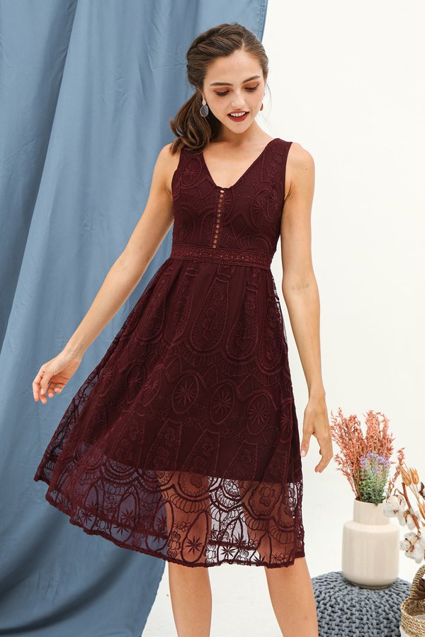 Luxe Labyrinth Lace Cocktail Dress Burgundy Red