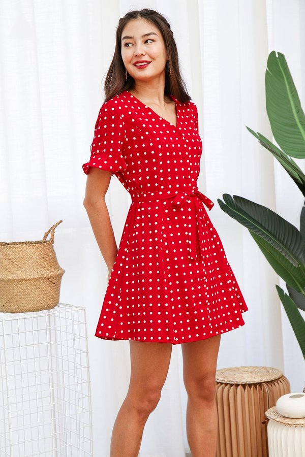 Polka Dating Button Shirt Dress Red