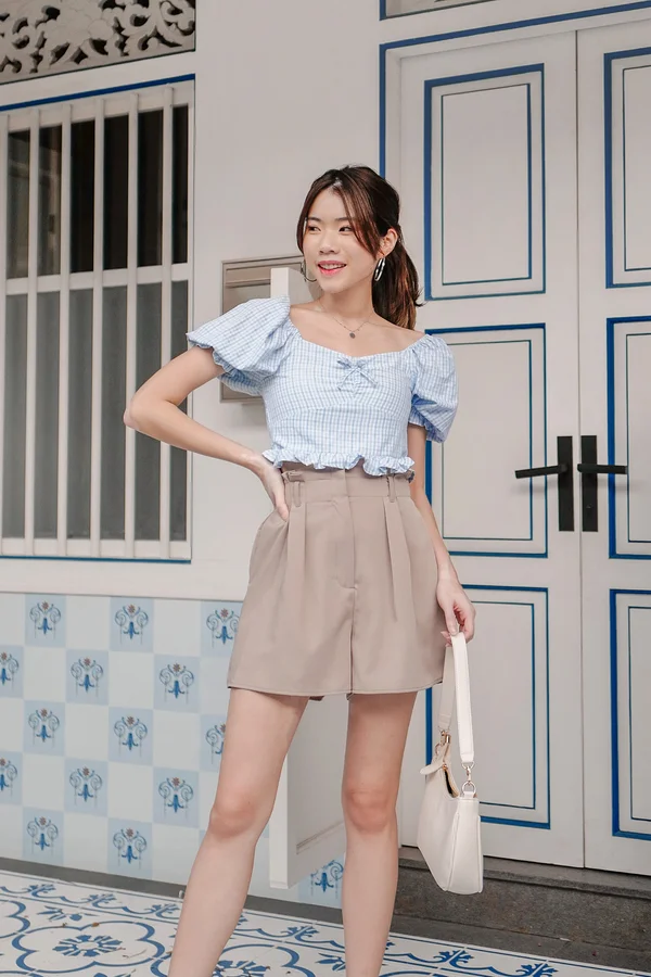 Rustic Ruching Gingham Crop Top Blue