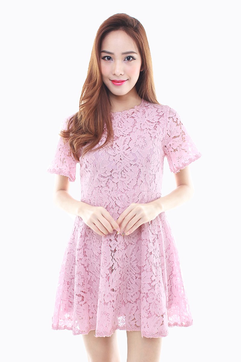 knee length dresses for ladies Lace Blush Pink Strappy Skater Dress – Luxe Label main image 1