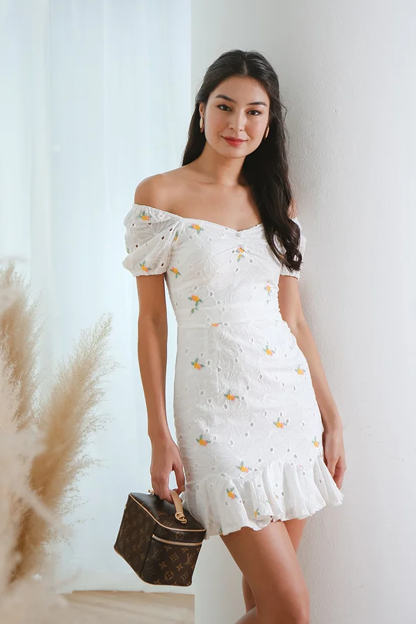 Farmhouse Whimsy Eyelet Puff Sleeve Dress White Florals