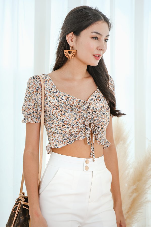 Fierce By Nature Floral Ruched Crop Top Cream