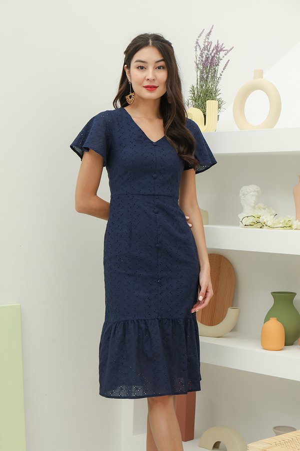 Pathway Paved Buttons Eyelet Midi Dress Navy Blue