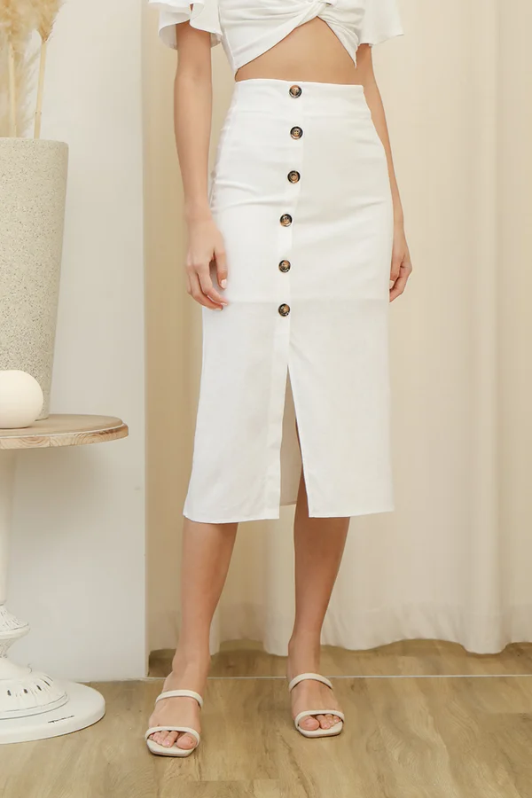 Etchings on Linen Button Midi Skirt White
