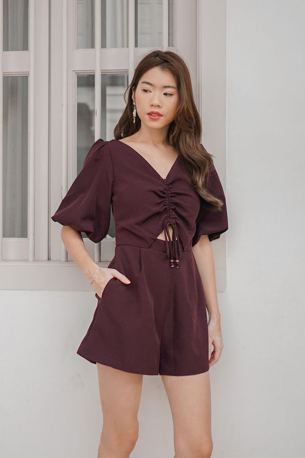Lo and Be Scrunched Drawcord Romper Burgundy Red